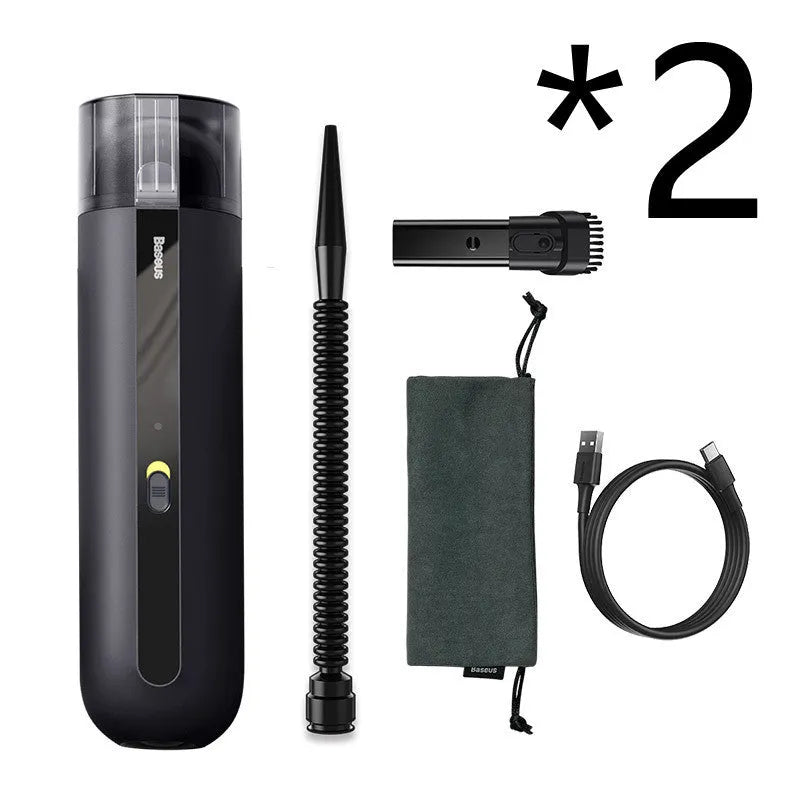 Black handheld wireless car vacuum cleaner with nozzle and blowing hose accessory