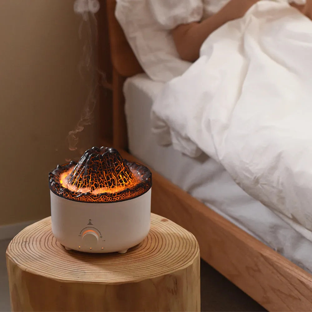 White ultrasonic simulated flame humidifier with remote control and low noise, 162x162x128mm