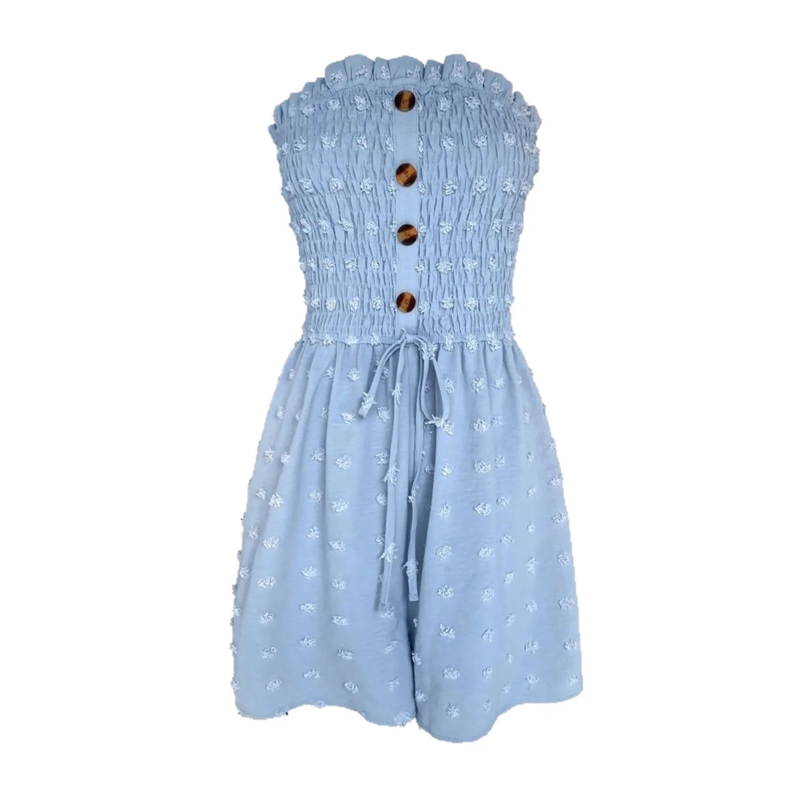 Women's blue off-shoulder jumpsuit with button detail and fifth pants length