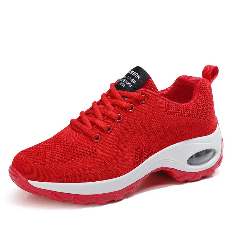 Women's red and black mesh sneakers with round toe and front lace-up design