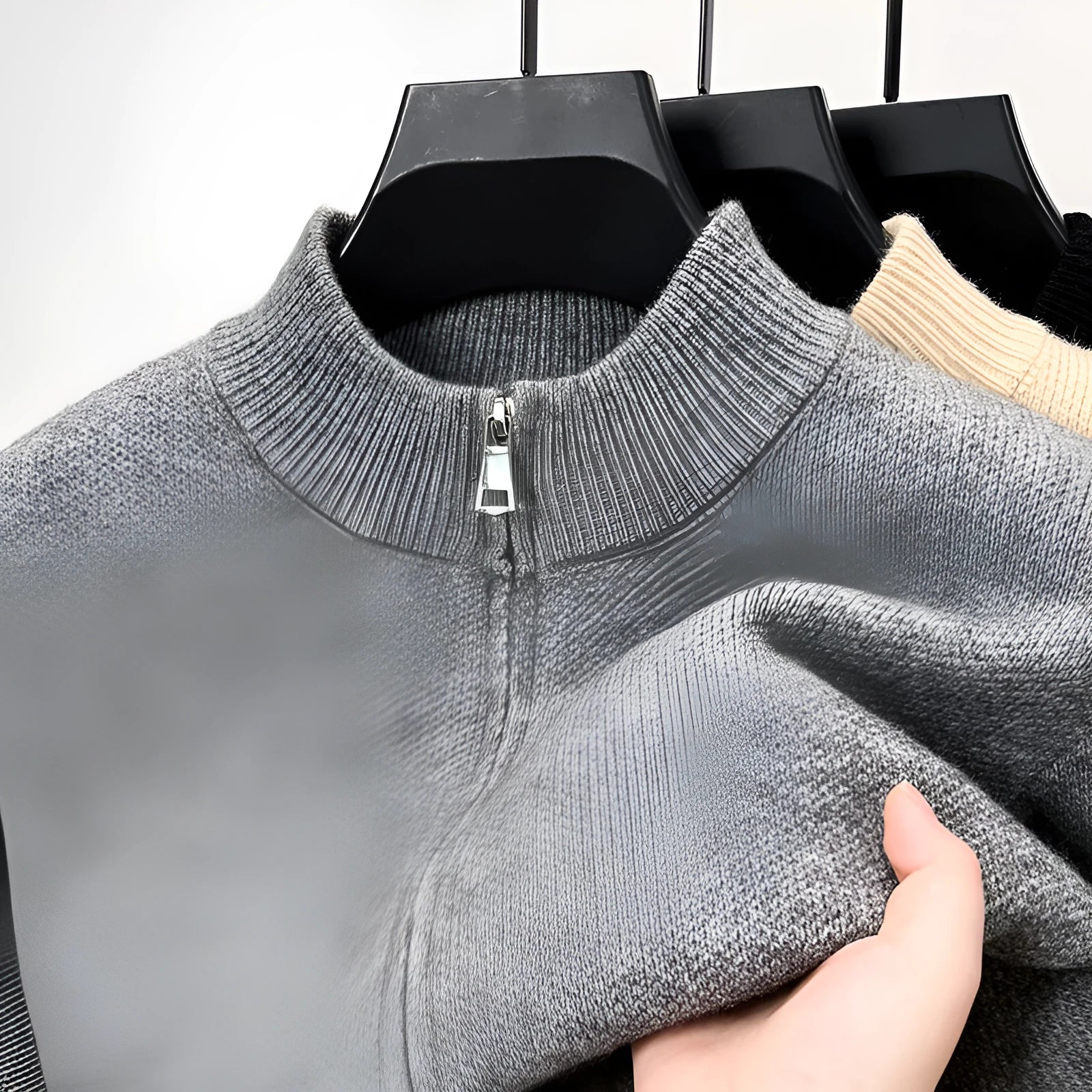 Men's grey knitted cardigan with stand collar and full-length front zipper in loose fit