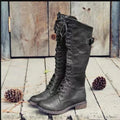 Chunky heel high leg boots in black, wine red, or brown with round toe and cotton lining
