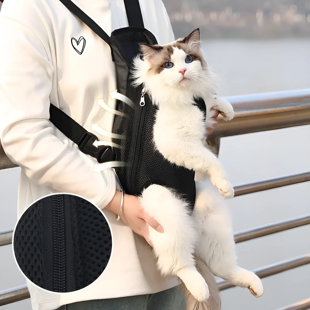 A person wearing a black breathable dog carrier backpack with a small dog inside, showing the open-top design and mesh panels.