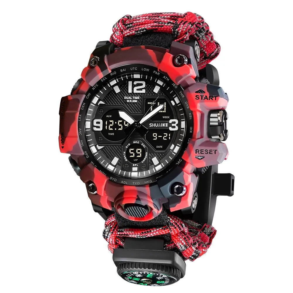 Double display electronic watch with compass thermometer whistle ignition for men 1.3-inch screen black