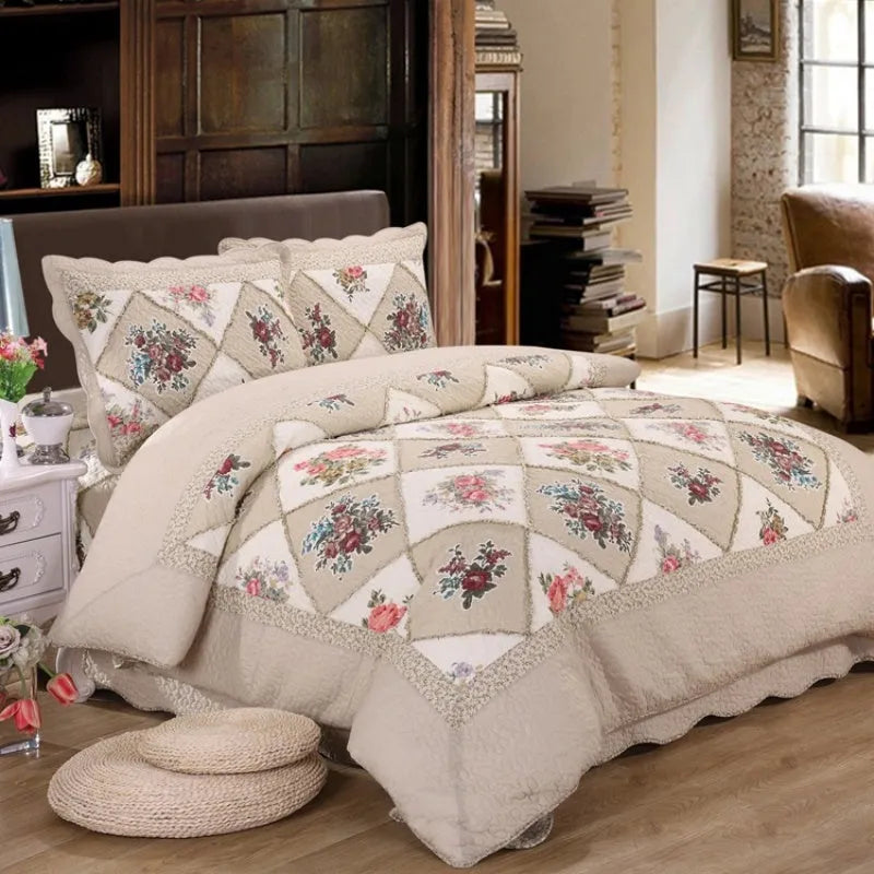 Washed pure cotton quilted bedspread and pillowcase set in a Korean style, showing textured non-slip surface.