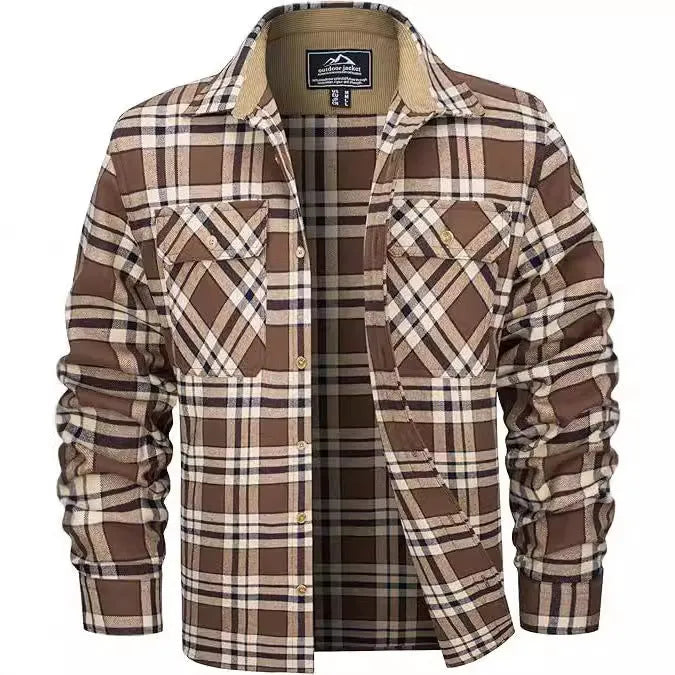 Man wearing a long-sleeved plaid flannel shirt in a cardigan style with a button-up front.
