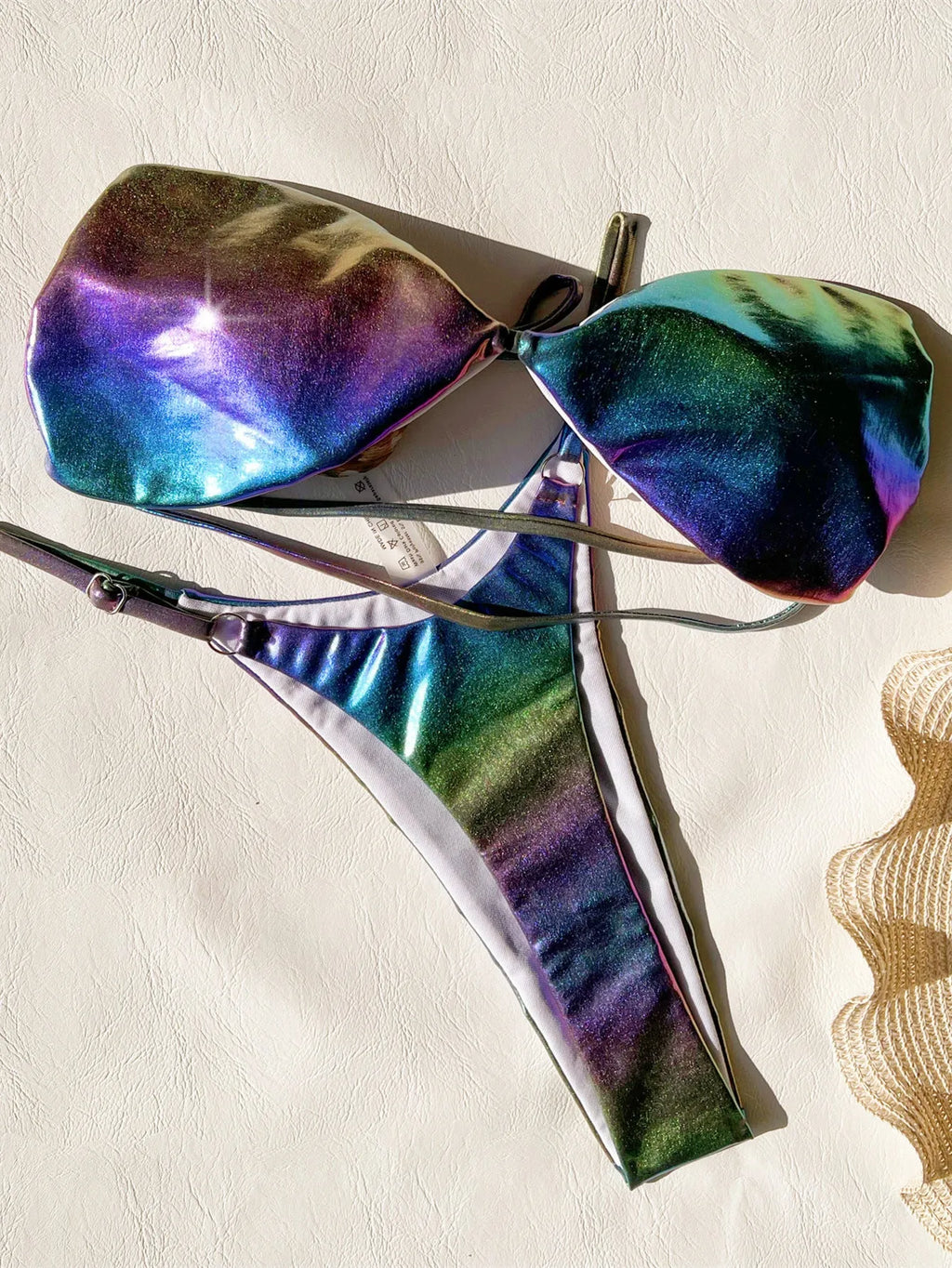 Women's gradient purple polyester bikini swimsuit set shown front and back