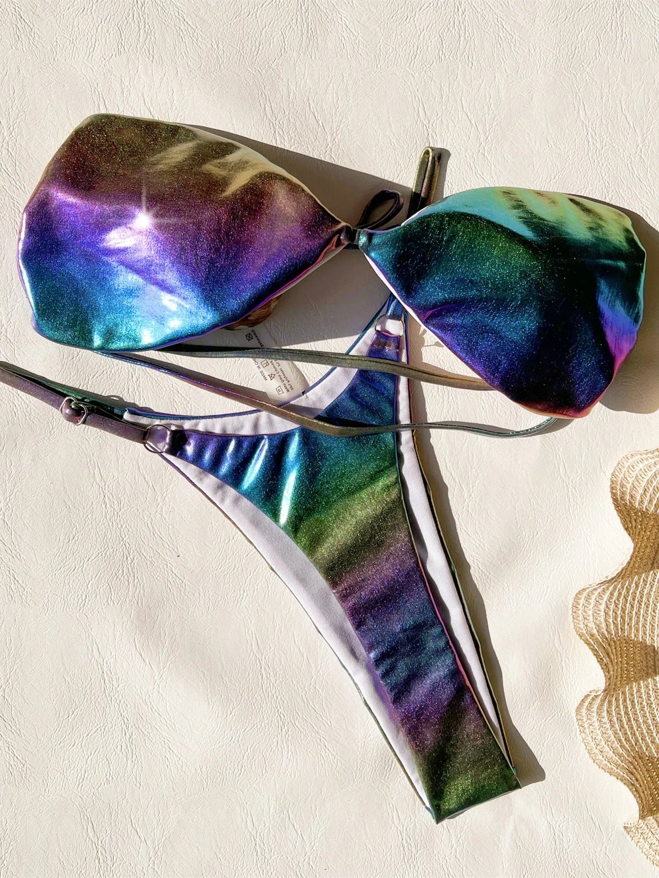 Women's gradient purple polyester bikini swimsuit set shown front and back