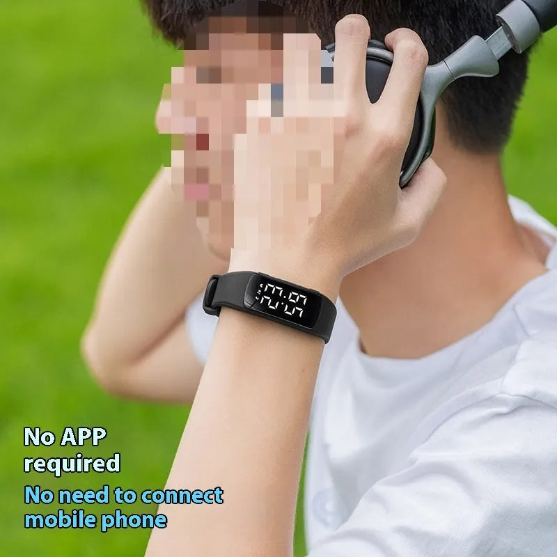 Electronic vibration alarm watch with LED display and silicone strap showing waterproof rating of 50 metres