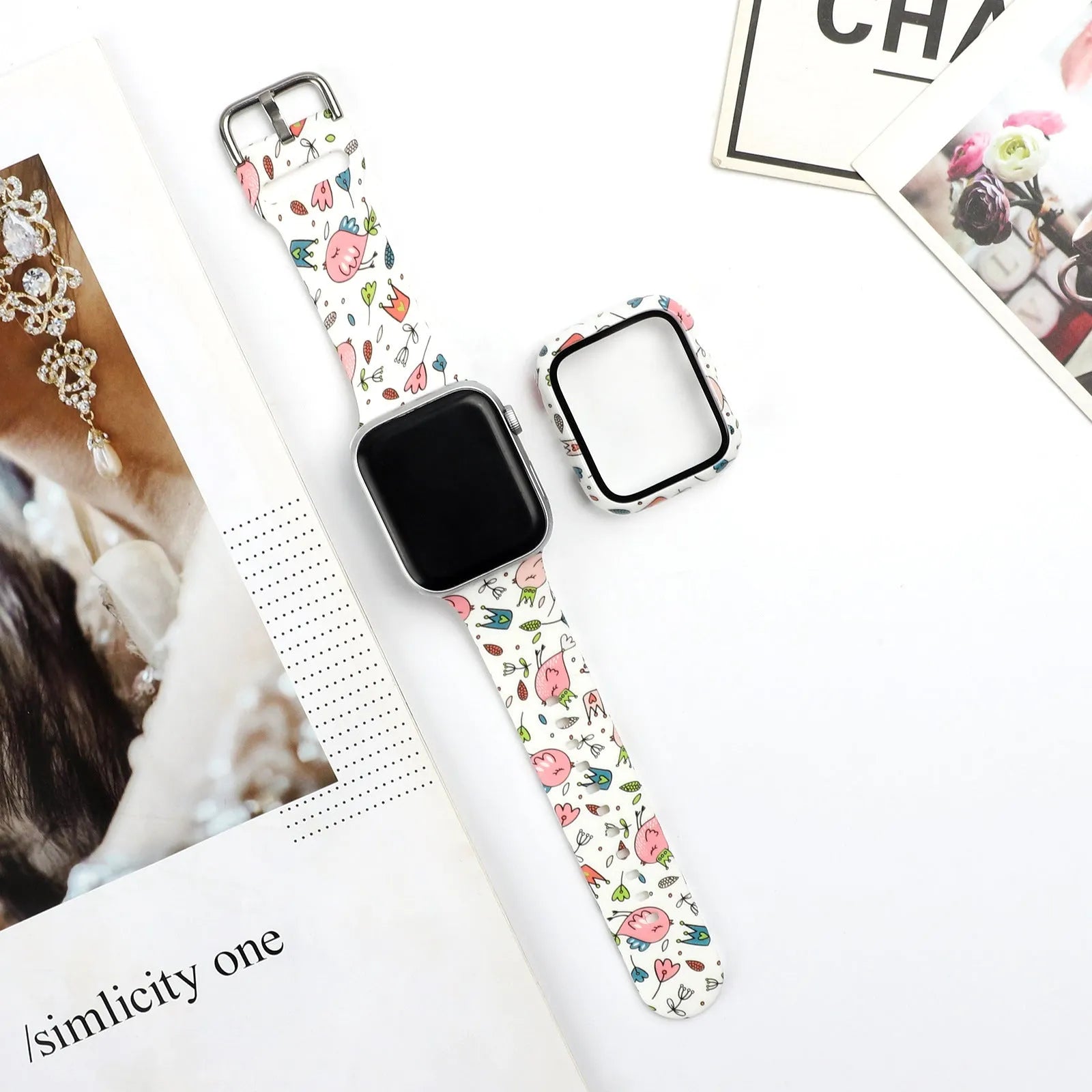Printed silicone replacement strap for Apple iWatch models showing multiple design options and size selections.
