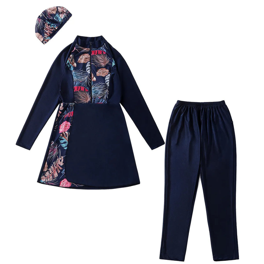 Quick-drying women's conservative swimwear three-piece suit in nylon, black colour, with stitching details