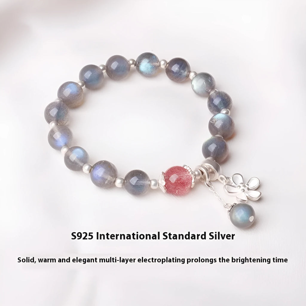 Women's 925 silver bracelet with grey moonlight and strawberry crystal beads measuring 7.5mm with honeysuckle design