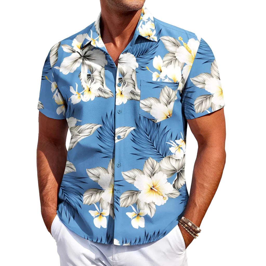 Men's slim fit Hawaiian short sleeve shirt in stretch polyester fabric showing colour options