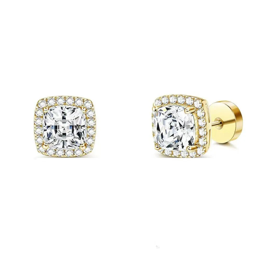 Women's diamond square bag earrings in stainless steel, 8mm geometric shape, electroplated finish, steel colour