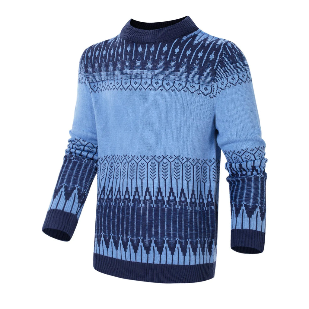 Men's grey cable-knit long sleeve pullover sweater on a hanger