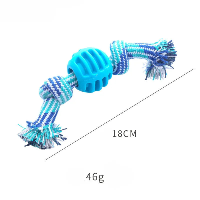 Blue dog chew toy with molar shape and rope attachment for teeth cleaning