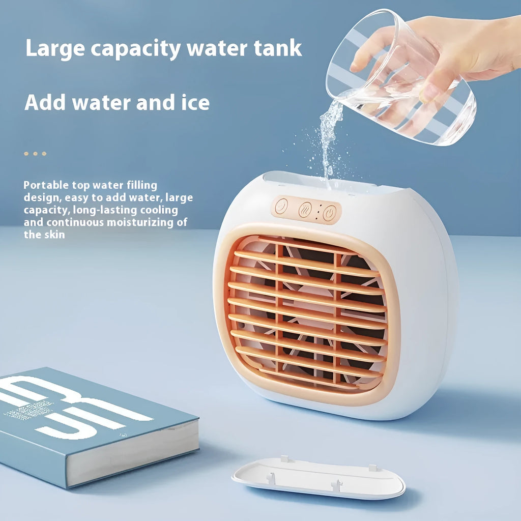 Mini USB spray air conditioner fan with 3-speed brushed motor in rose gold on a desk