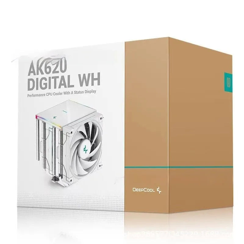 Black and white tower CPU air cooler with heat sink fins and digital display for PC computer case.