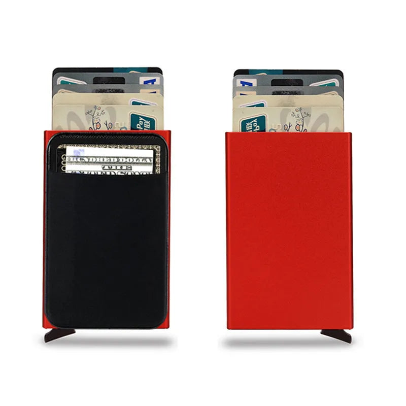 Frosted aluminium metal credit card holder in multiple solid colours showing slim profile