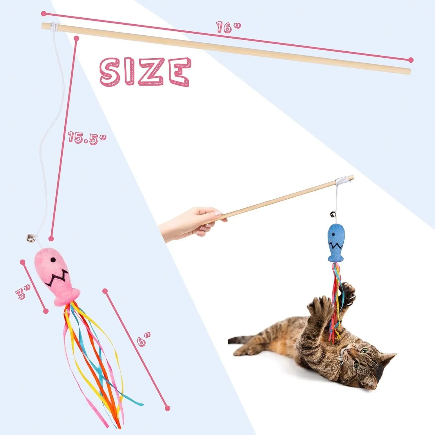Wooden handle cat wand toy with catnip fish, ribbons and bell attachment in blue colour