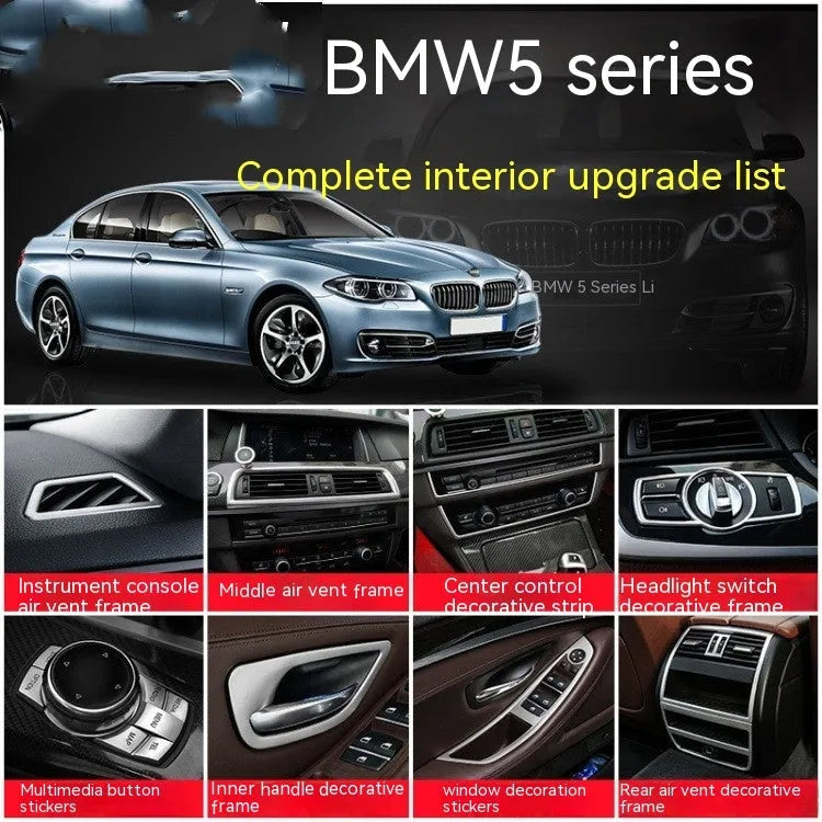 Black ABS and stainless steel interior handle trim strips for BMW 5 Series F10/F1 models, four-piece set.