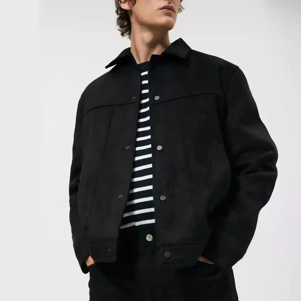 Men's black hooded jacket with suede collar in cotton-blend fabric for spring leisure wear