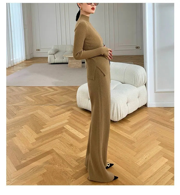 Women's knitted polyester three-piece set with cardigan, sweater, and wide-leg pants featuring leather stitching trim