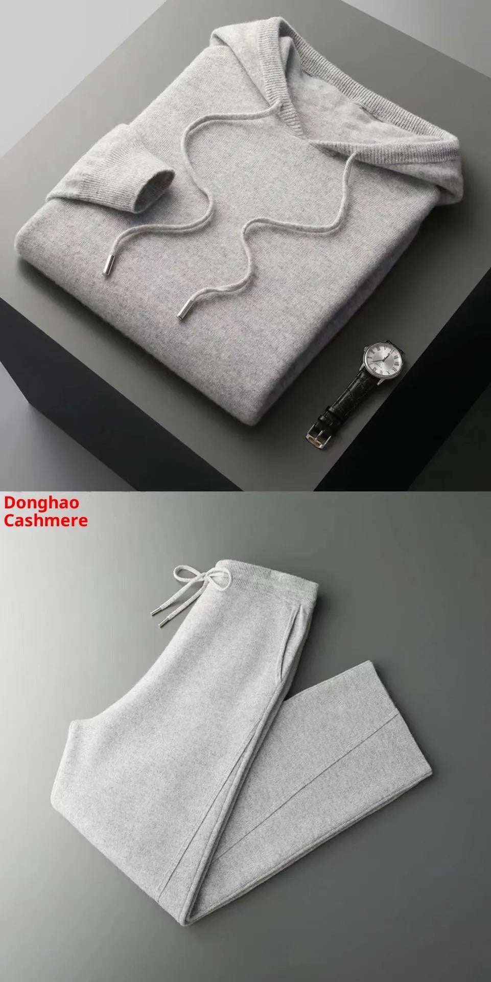 Men's casual two-piece set: seamless wool hoodie with drawstring and matching pants in black, dark gray, and light gray