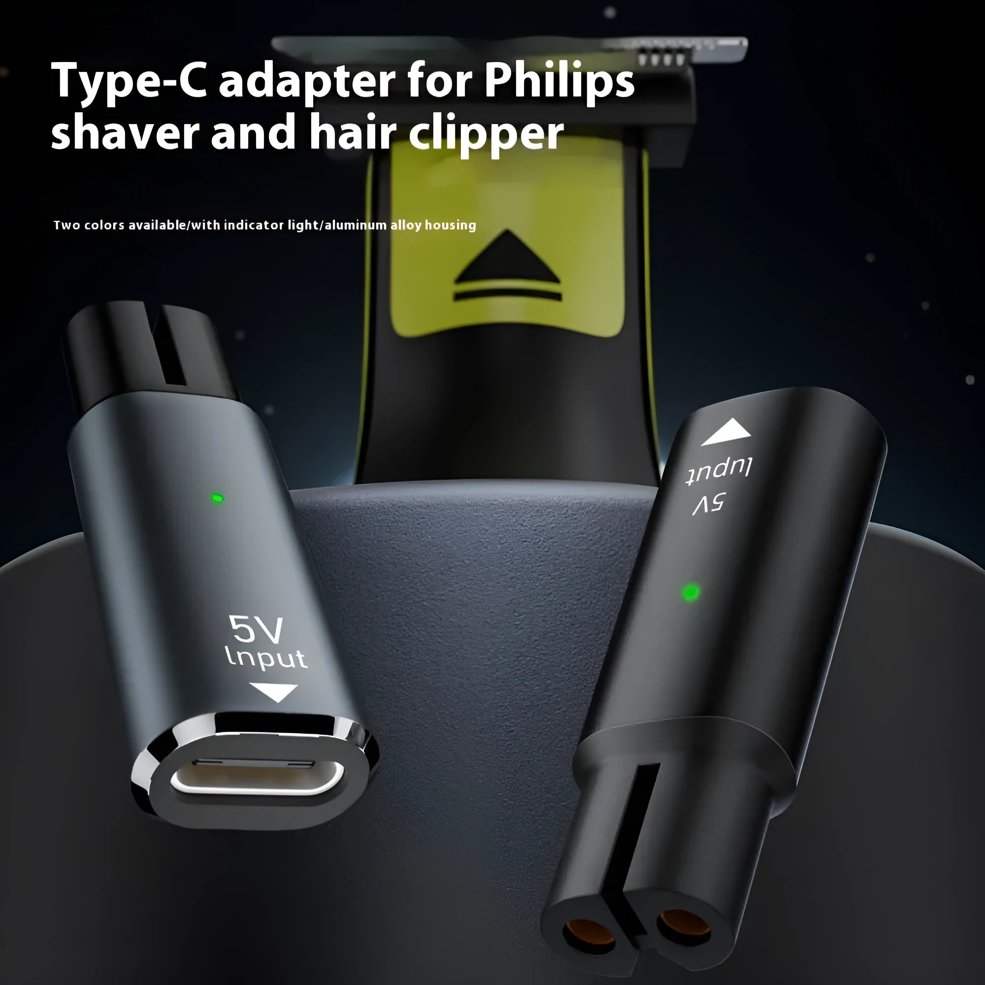 USB C charging adapter for electric shavers with aluminium alloy housing in black colour