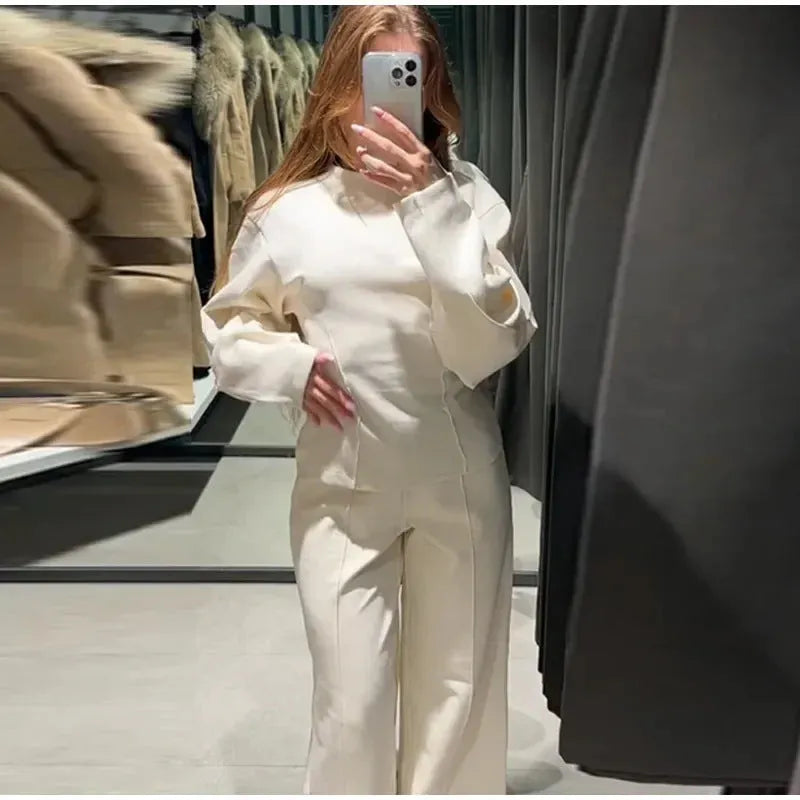 Women's polar fleece suit set with pleated long sleeve top and wide leg trousers in multiple colour options