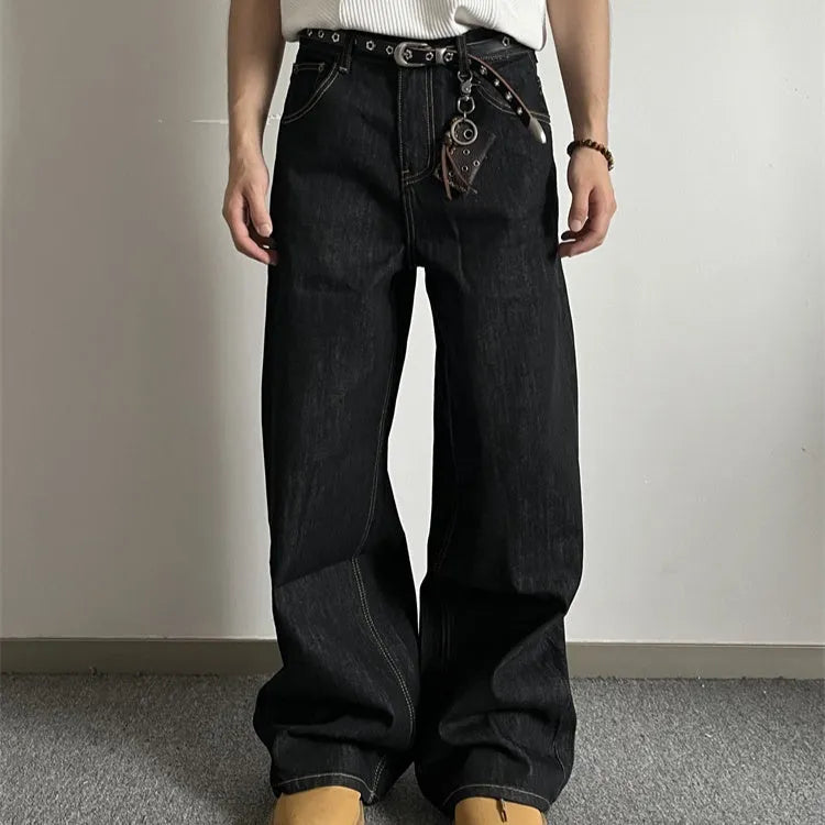 Black retro wide-leg jeans with straight-leg silhouette and mid waist design