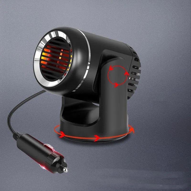 Black and white 12V car heater measuring 14x12x8cm with 1.5m power cord for defrosting and hair drying