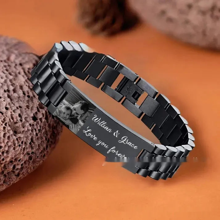 Titanium steel lettering bracelet with curved heart shape and electroplated black lettering
