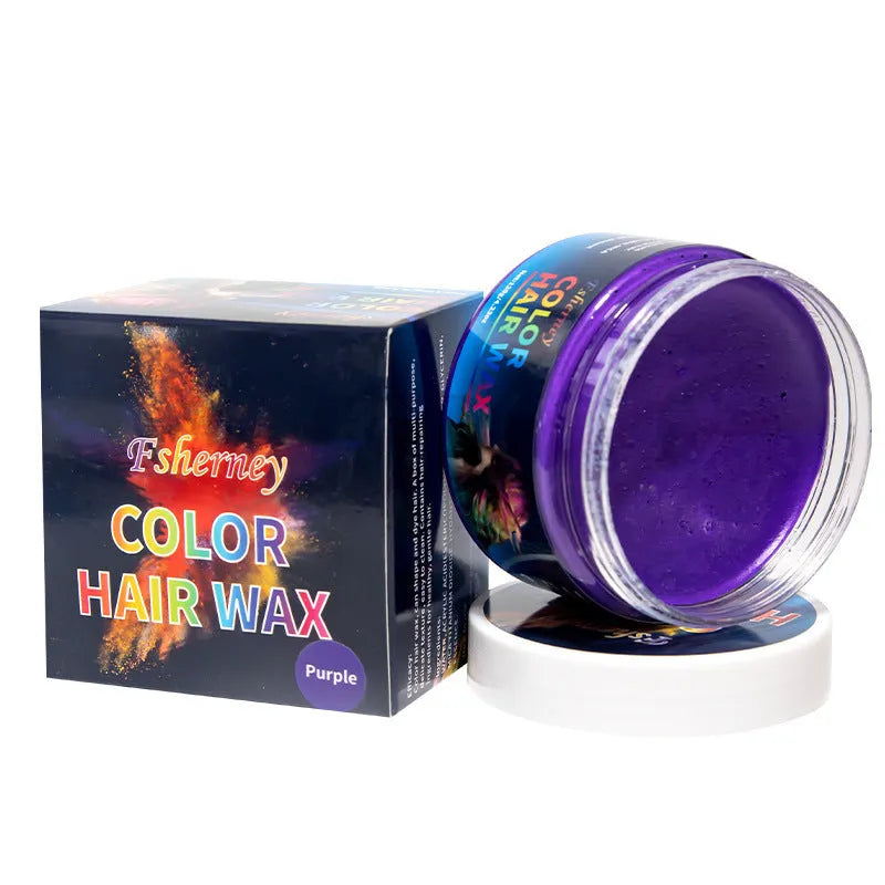 120g jar of hair styling clay showing colour options: blue, green, orange, red, white, yellow, purple, rose, granny grey.