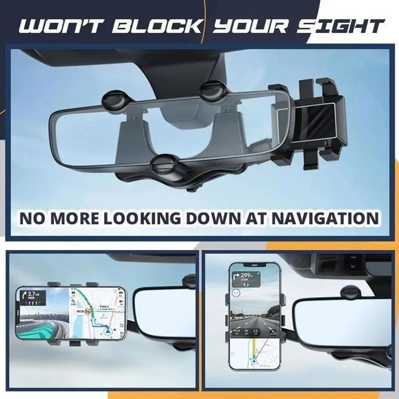 Black rearview mirror phone holder with 360-degree rotation and telescopic arm extended