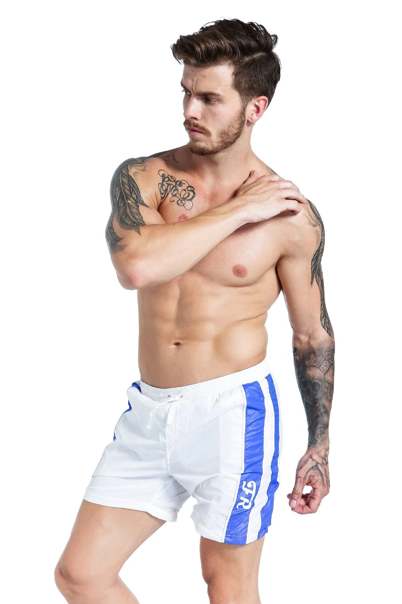 Men's blue lace-up sports shorts with padding for running and table tennis