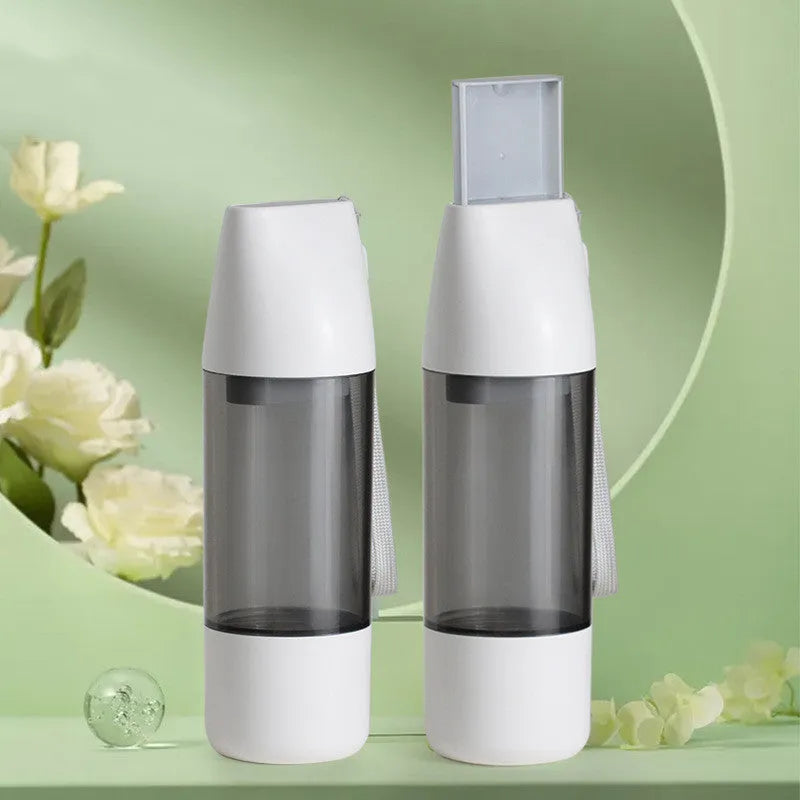 Portable dog water bottle with white food-grade ABS body and separate water and grain compartments