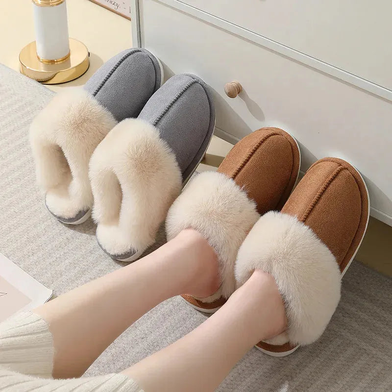 Women's plush winter slippers with round toe, flat heel, and PVC anti-slip sole