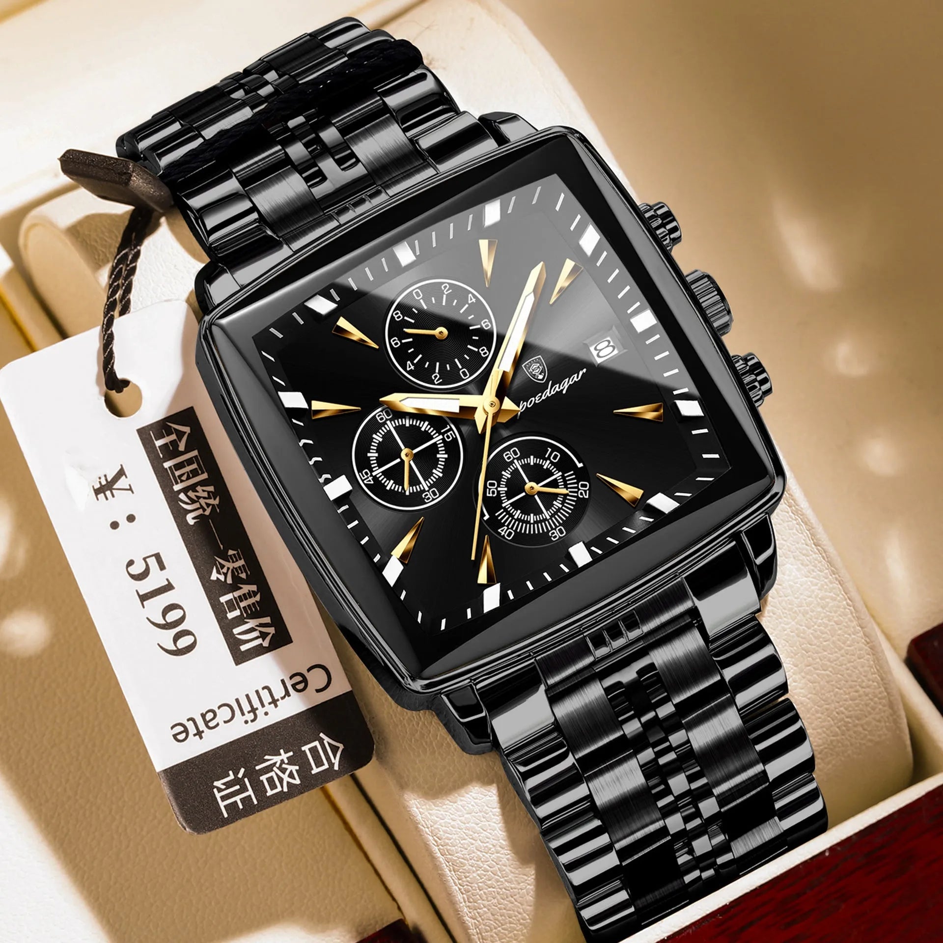 Square men's business watch with stainless steel strap and multiple colour configuration options