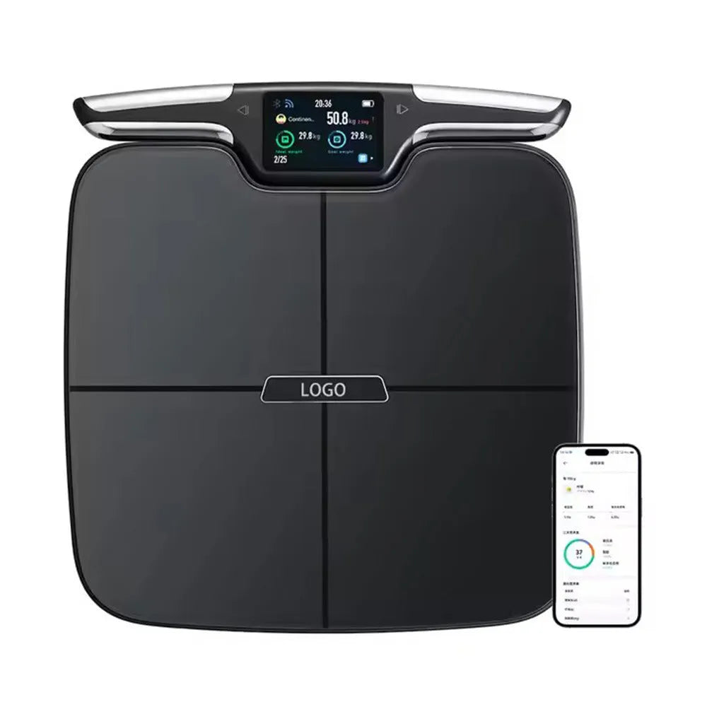 Black eight-electrode intelligent body fat and composition weighing scale for home use