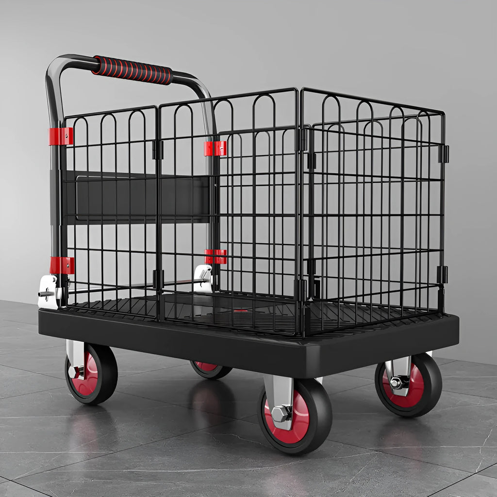 Black folding platform truck with fence, 72x48 cm, 500 kg capacity, mute bearing, engineering plastic construction