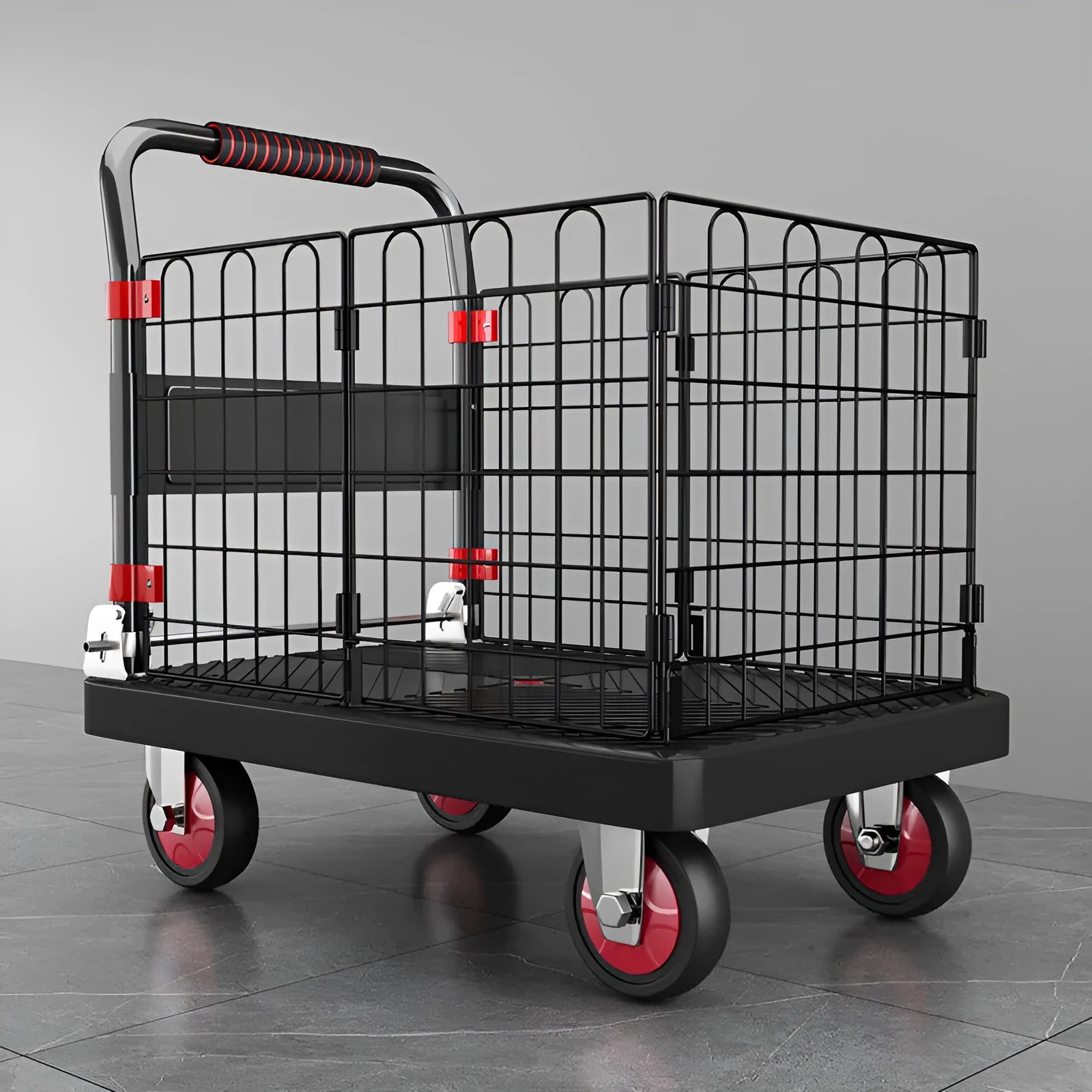 Black folding platform truck with fence, 72x48 cm, 500 kg capacity, mute bearing, engineering plastic construction