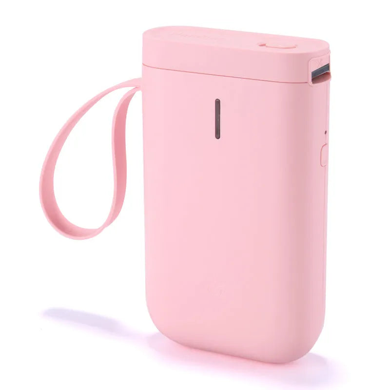 Compact D11 Bluetooth label printer in various colours, showing phone app interface and printed labels.