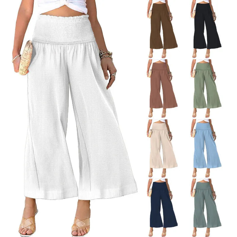 Women's high waist pleated cotton trousers in straight leg cropped style available in multiple colours