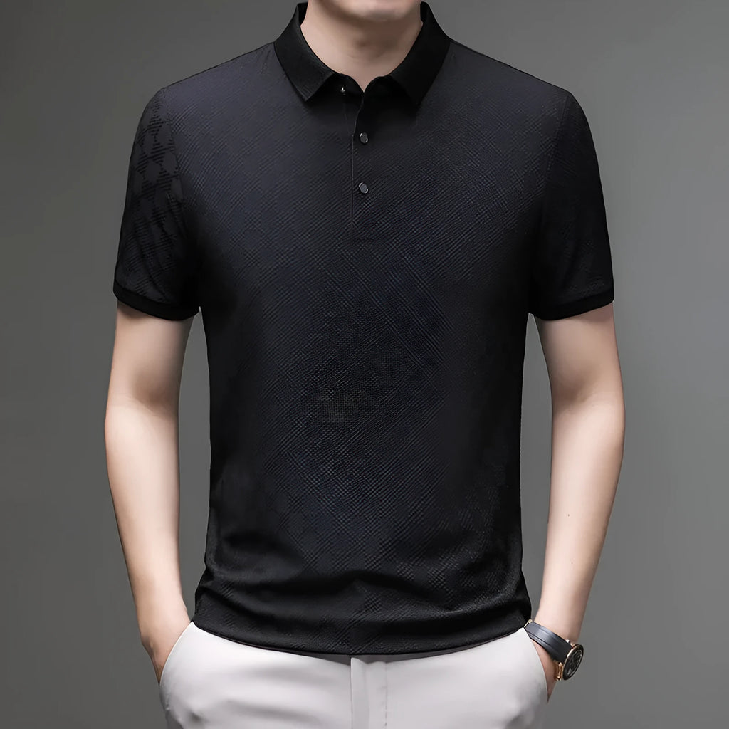 Black thin ice silk T-shirt with a rhombus pattern, short sleeves, and a side slit hem detail.