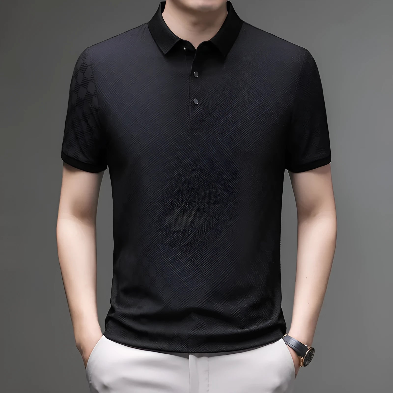 Black thin ice silk T-shirt with a rhombus pattern, short sleeves, and a side slit hem detail.