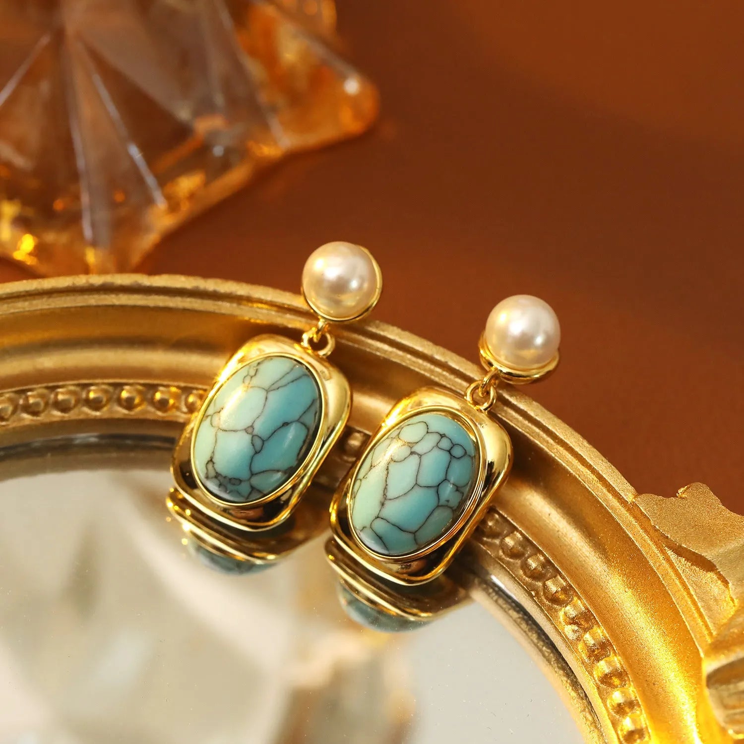 French vintage oval turquoise pearl earrings 18K gold electroplate copper geometric drop with silver needle