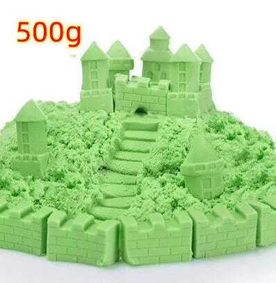 Kinetic space sand in multiple colours including blue, green, orange, pink, purple, red, rose, and sand colour in plastic bag packaging