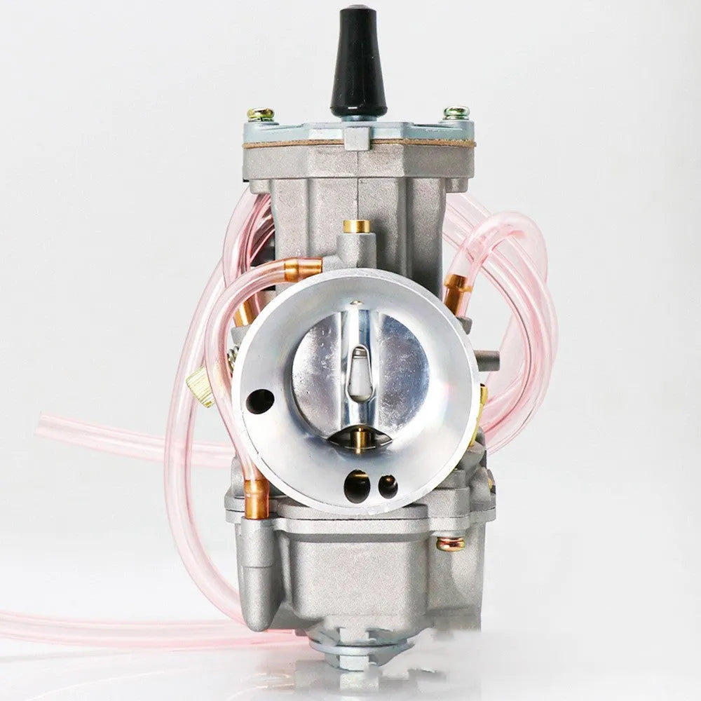 PWK sandblasted motorcycle carburetor for performance modification, showing seven size options from 21mm to 34mm.