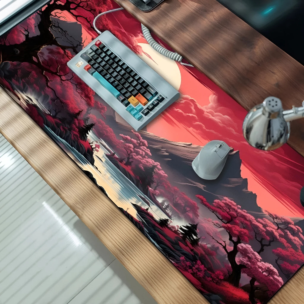 Custom anime graphic gaming mouse pad with non-slip rubber base on a desk.